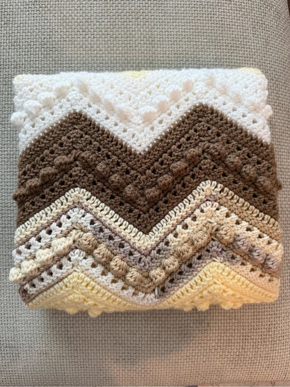 Handmade Chevron Crochet Baby Blanket - Cream, Brown, Pale Yellow, White
